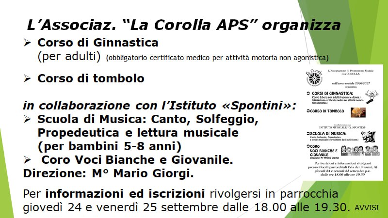 avvisi-2026-38-3 Avvisi 38ª Settimana 2026 - Consiglio pastorale, Corsi di musica, ginnastica e tombolo